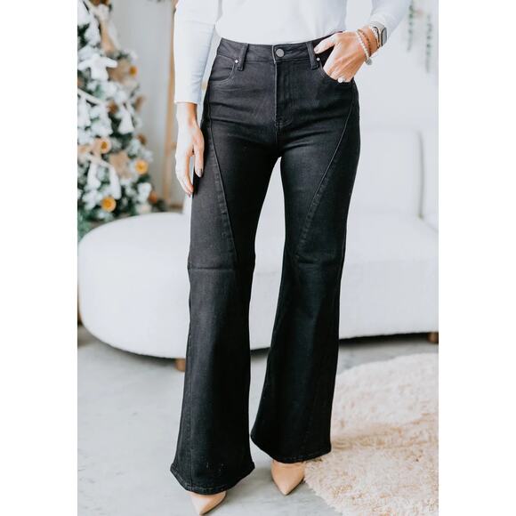 Risen Courtney High Waisted Denim Wide Leg Jeans Solid Black 5 / 27 - Picture 1 of 13